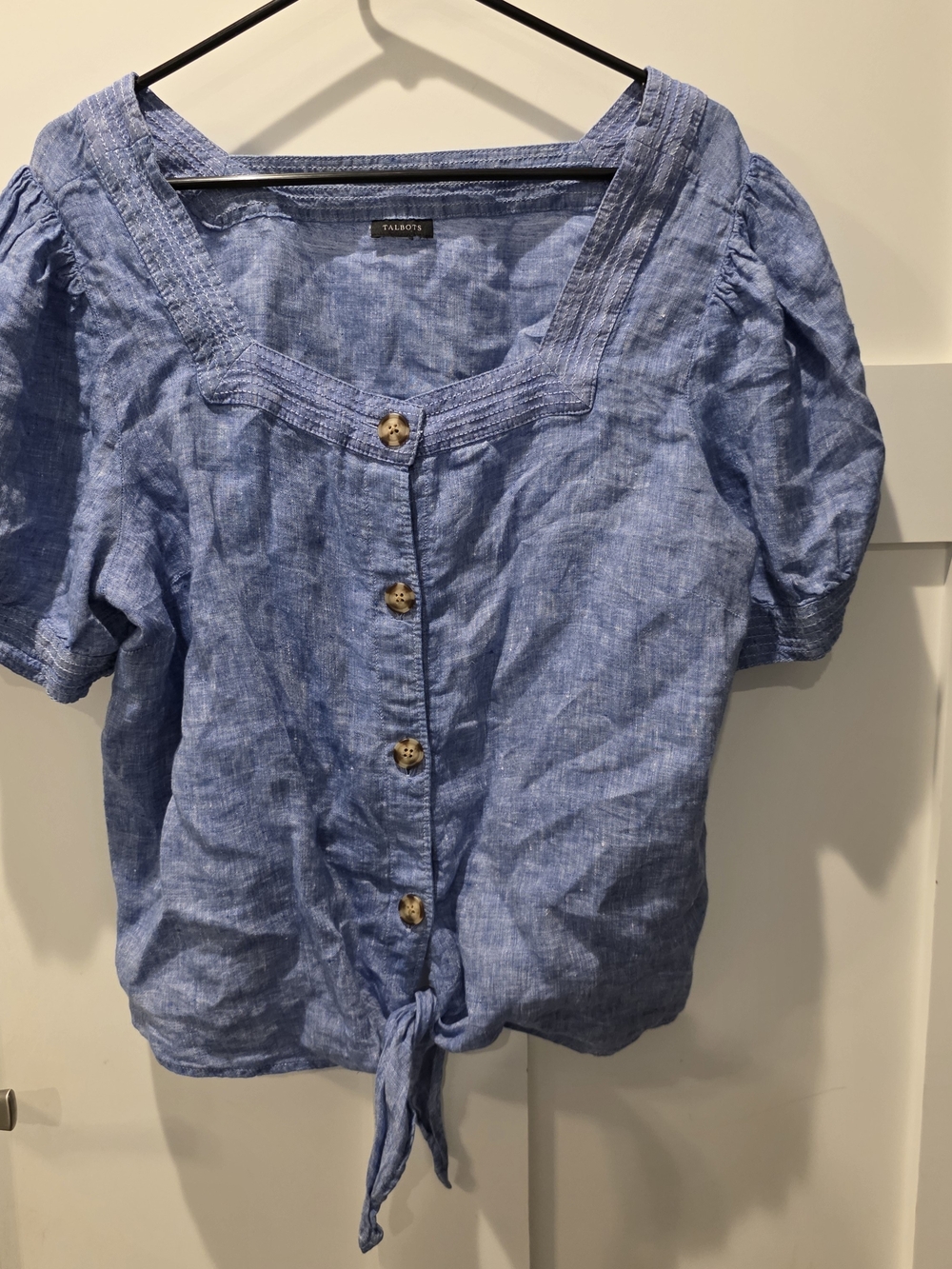 Talbots 100% Linen Milk Maid Blouse Women’s 1XL Tie Waist Puff Sleeve Shirt